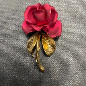 Vintage Flower Rose Satin Enamel GERRITO Gold Brooch